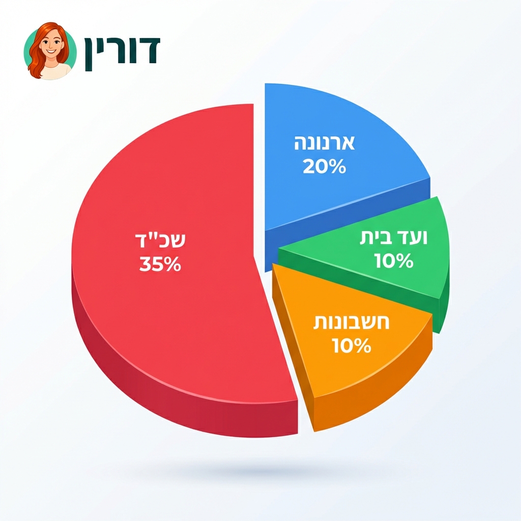 דורין - גרף עוגה צבעוני שמראה פילוח של הוצאות דיור: שכ״ד, ארנונה, ועד בית, חשבונות
