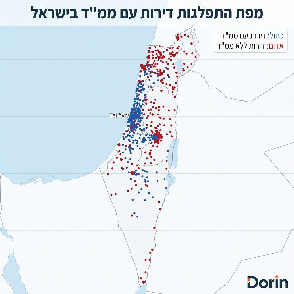 דורין - מפת ישראל עם נקודות צבעוניות המראות פיזור דירות עם ממ״ד לעומת בלי, לוגו דורין בפינה