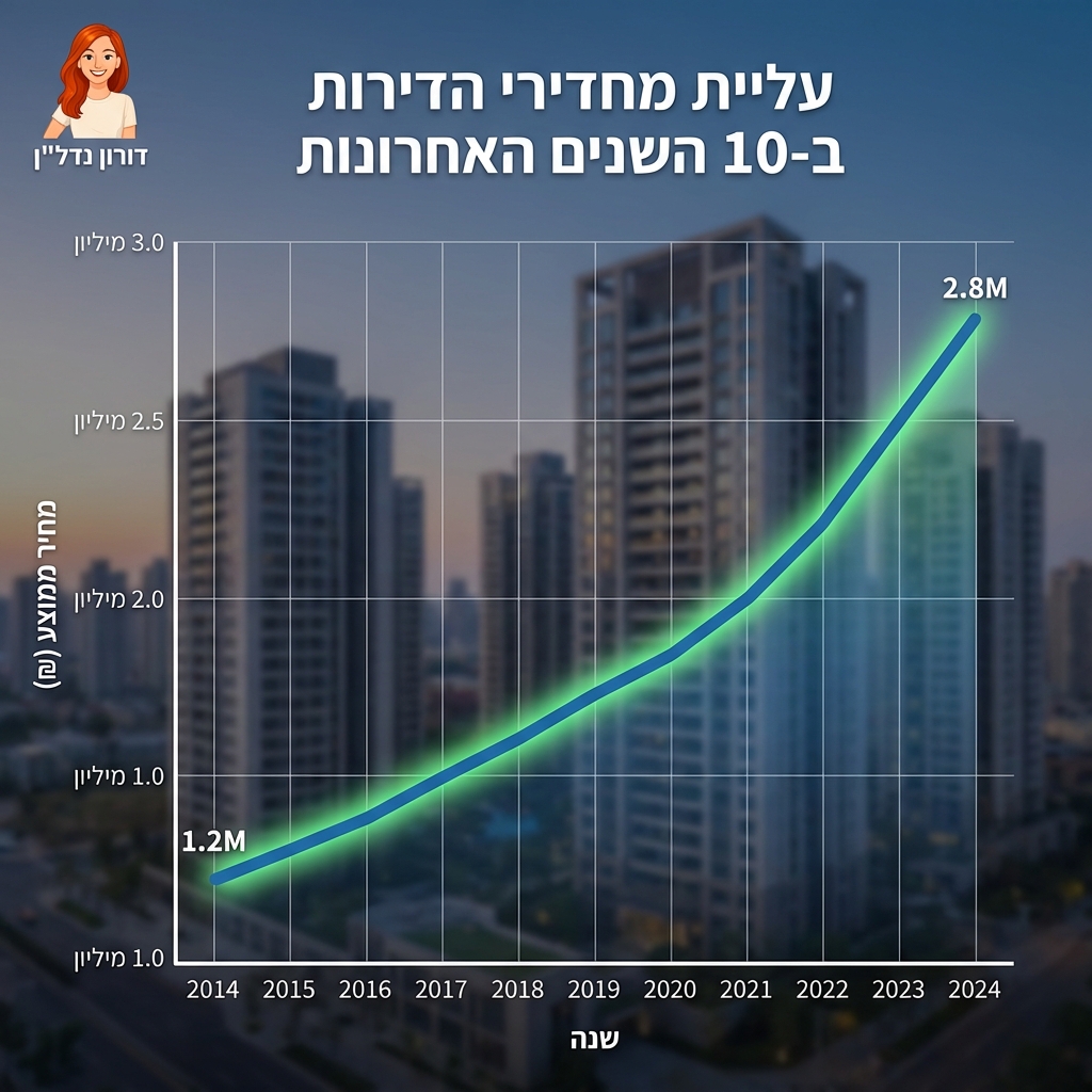 דורין - גרף קו עולה של מחירי דירות לאורך 10 שנים עם לוגו דורין, ברקע בניינים