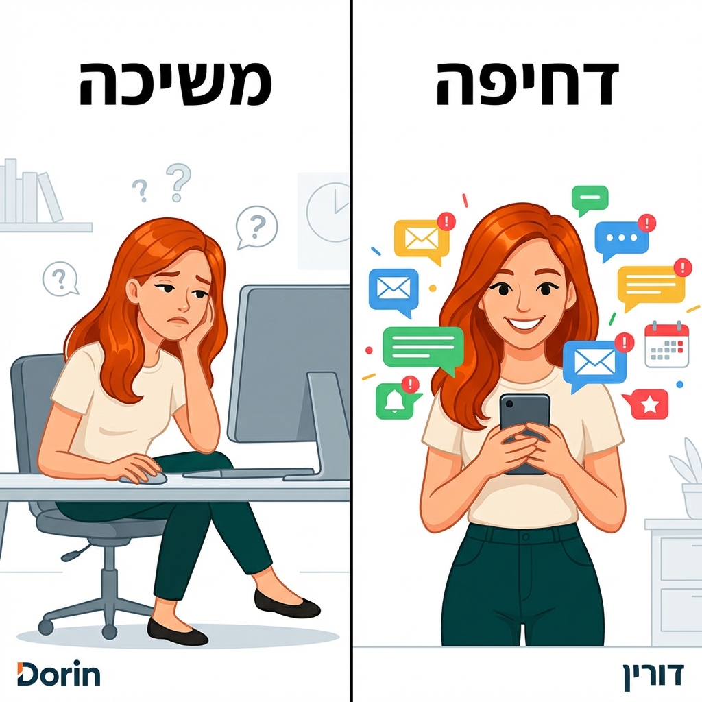 דורין - השוואה ויזואלית בין Pull לבין Push - בצד אחד אדם יושב ומחכה, בצד שני התראות עפות אליו