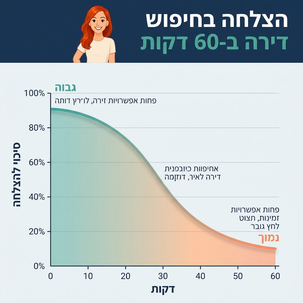 דורין - אינפוגרפיקה שמראה ציר זמן של 60 דקות עם גרף יורד של סיכויי הצלחה בחיפוש דירה